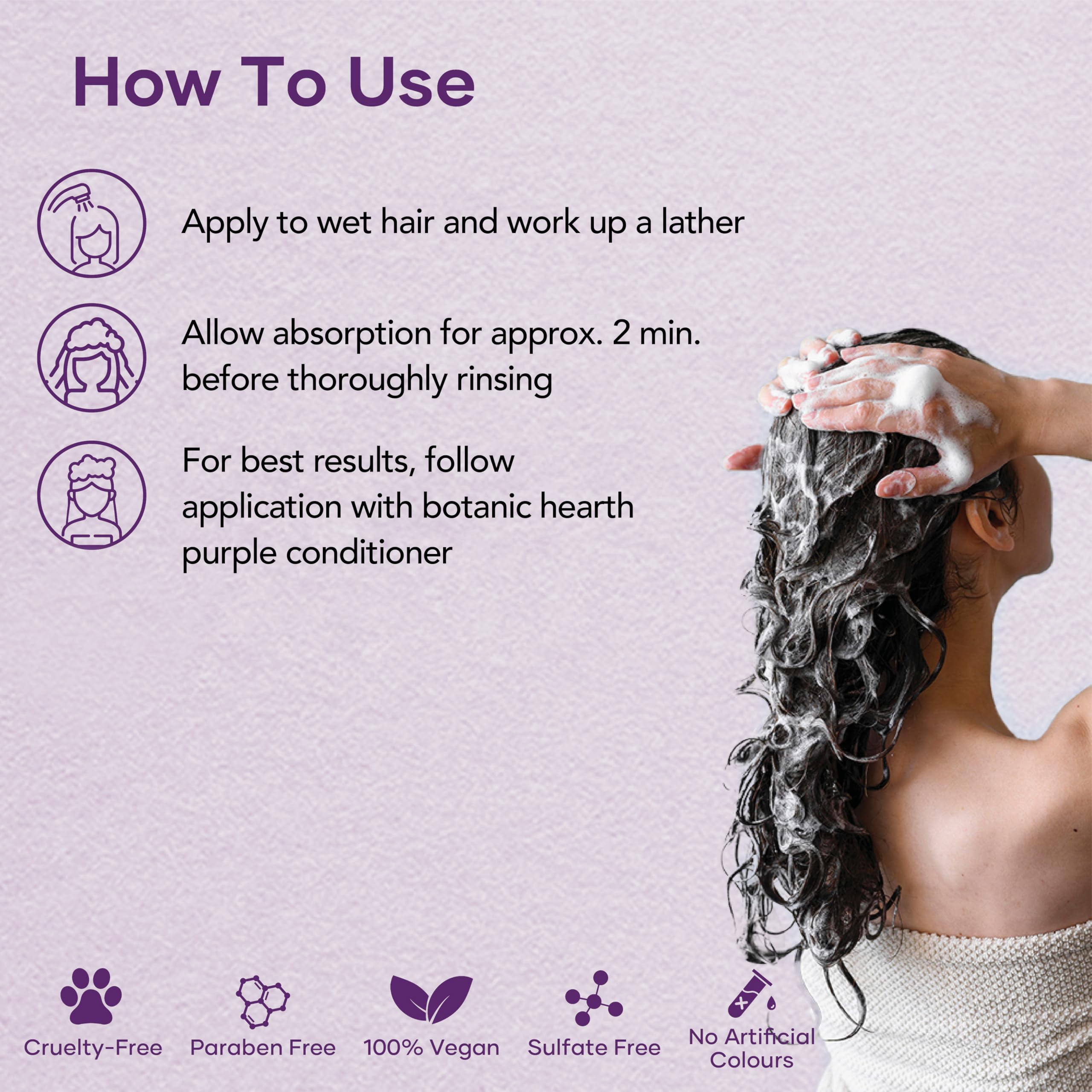 Botanic Hearth Purple Shampoo image shows brassiness neutralization for cooler tones.