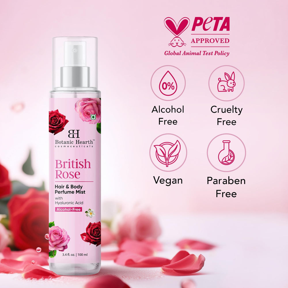 Botanic Hearth Rose Mist on hair delivers light scent without weight.
