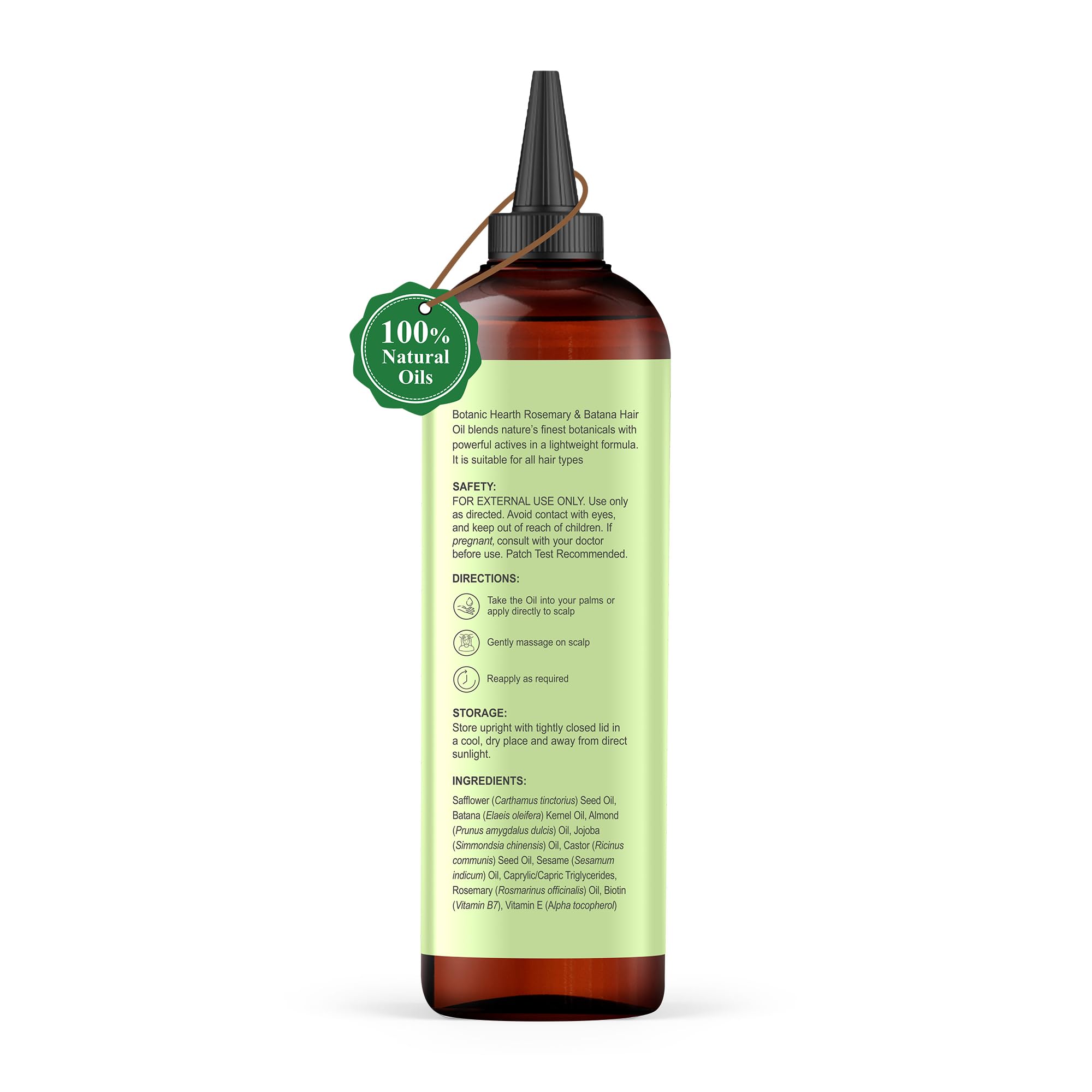 Botanic Hearth rosemary batana oil label highlights cruelty-free and clean ingredients.