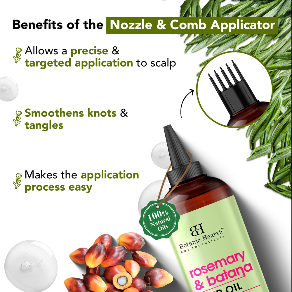 Botanic Hearth rosemary batana oil massaged into scalp supports healthy-looking hair.