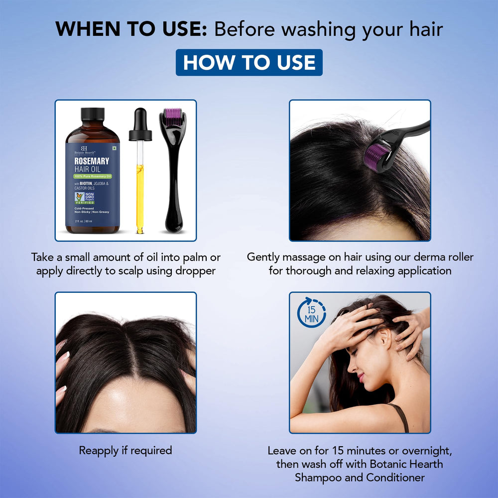 Botanic Hearth Rosemary Hair Oil application guide demonstrates gentle scalp massage