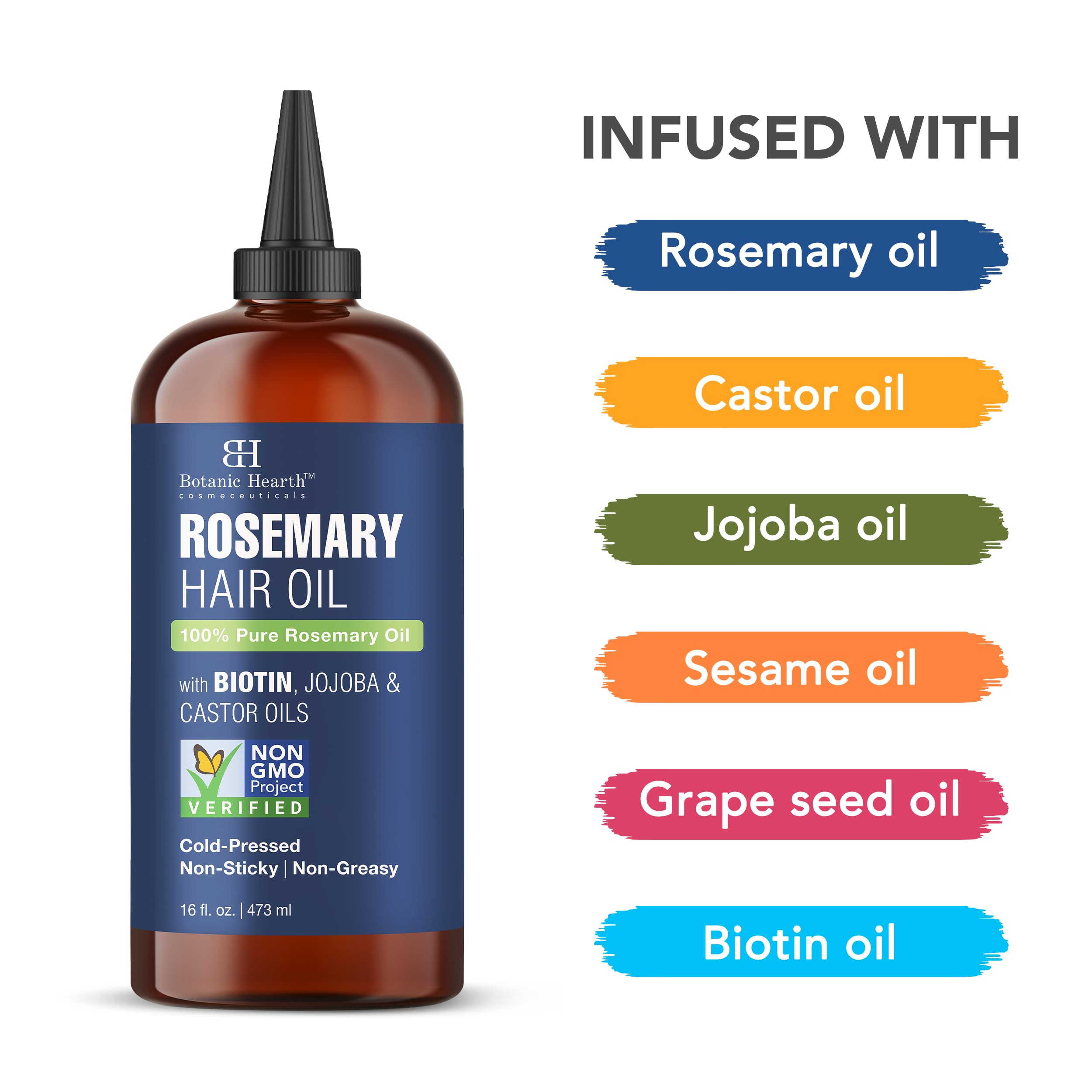 Botanic Hearth rosemary oil biotin-infused formula shown for nourishing scalp.