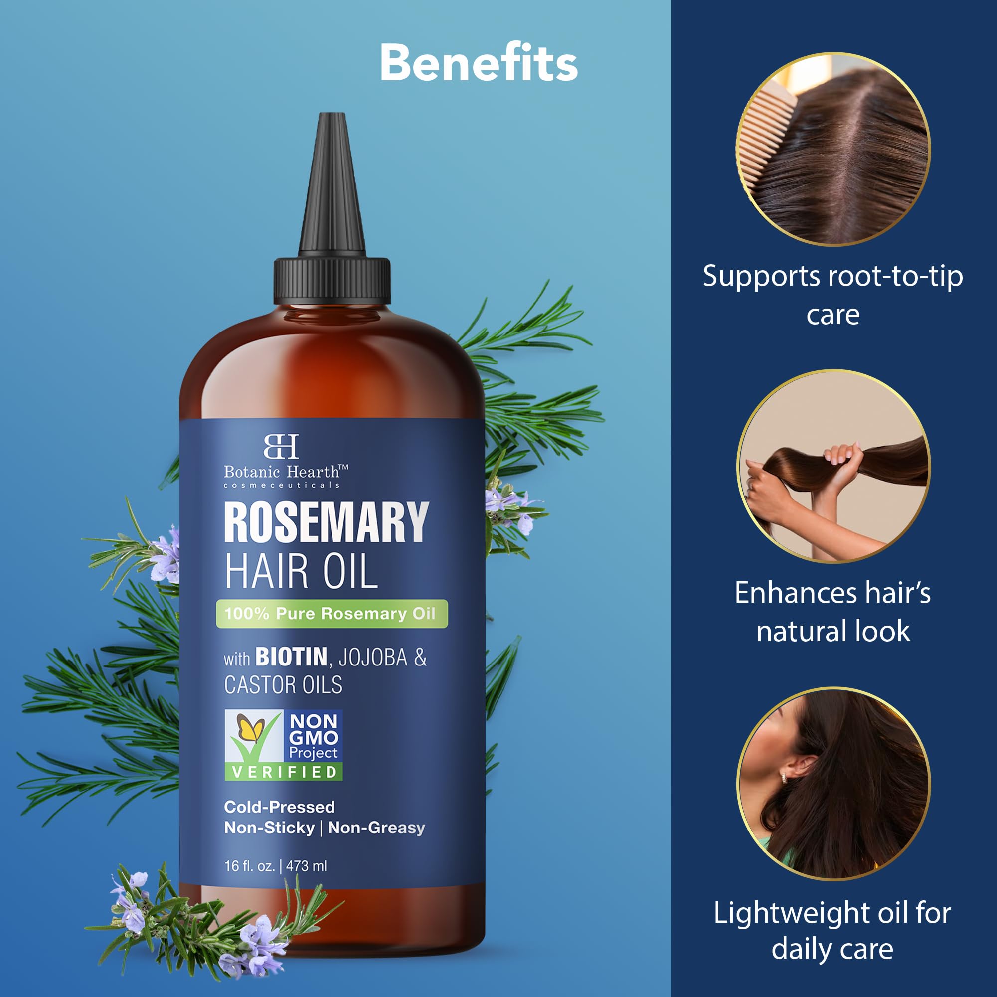 Botanic Hearth rosemary oil jojoba-castor blend applied to hair strands.