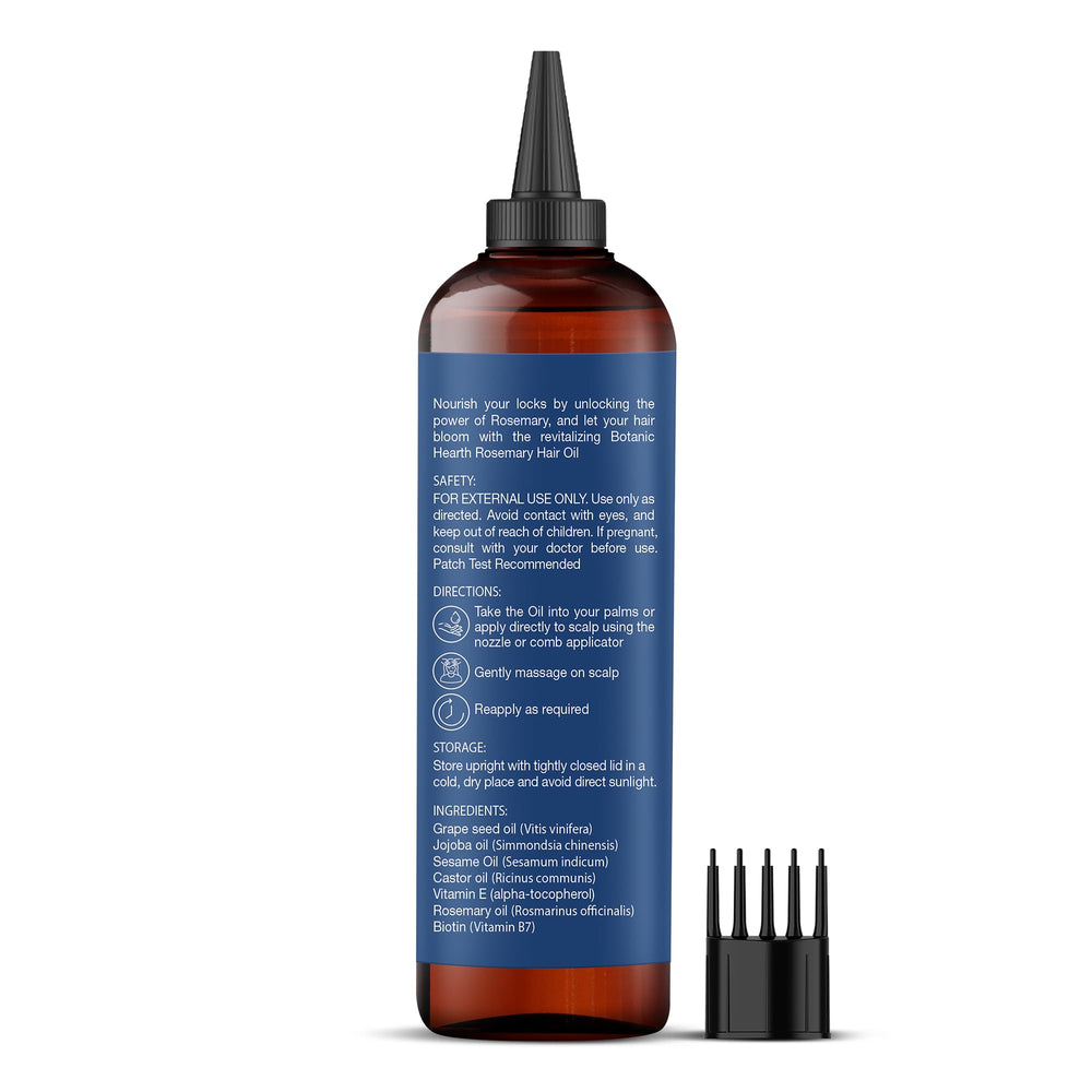 Botanic Hearth rosemary oil bottle with natural rosemary visible