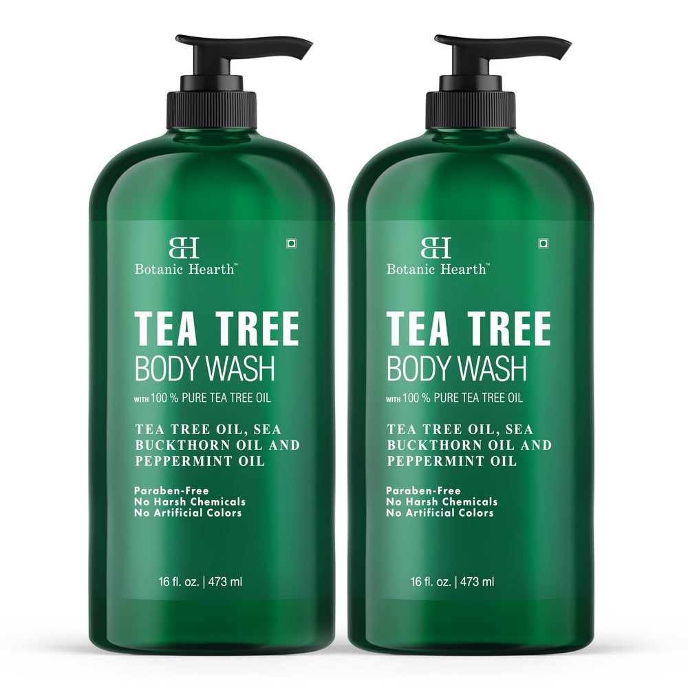 Botanic Hearth Tea Tree Body Wash bottle close-up highlighting refreshing daily cleanse