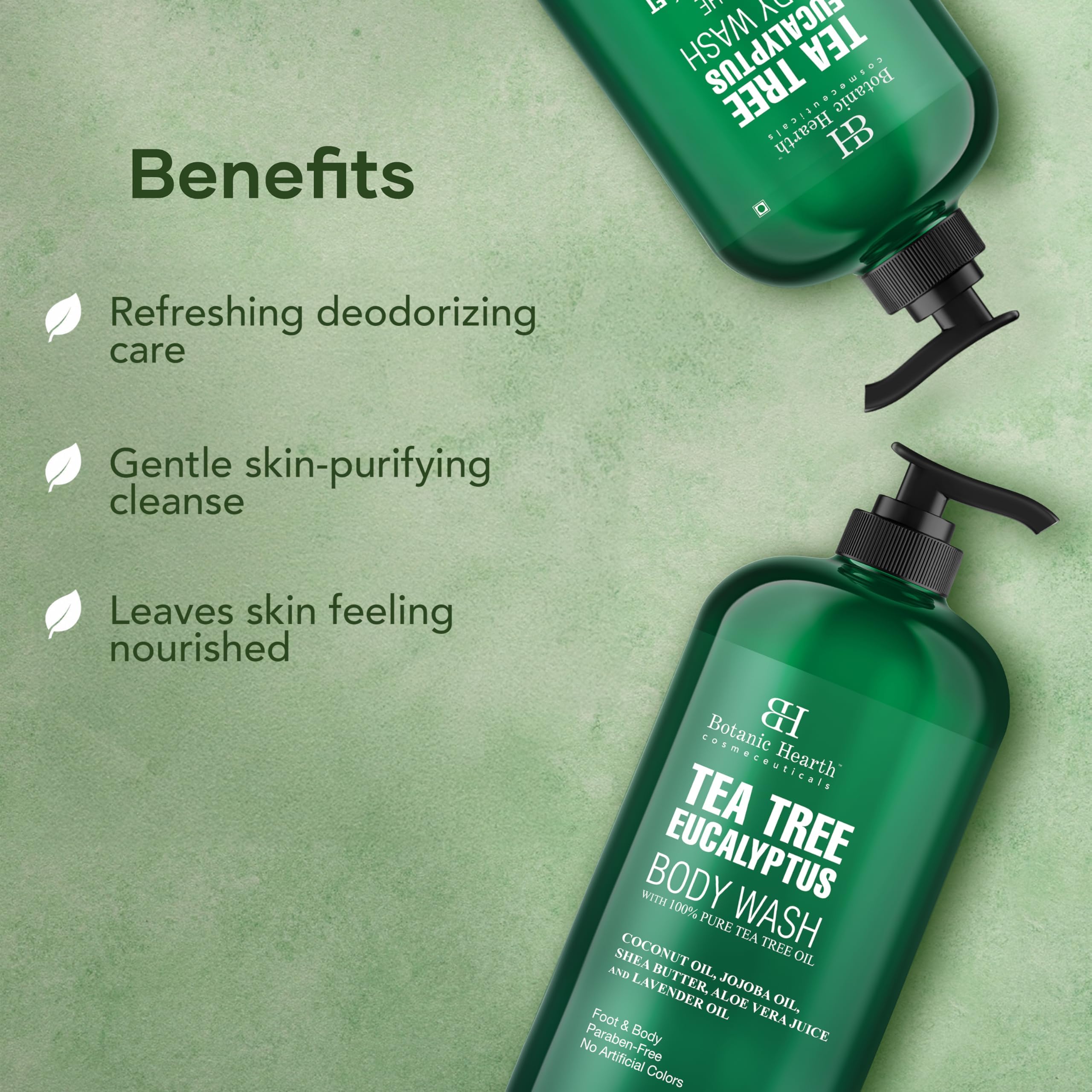Botanic Hearth Tea Tree Body Wash bubbles indicate rich, cleansing foam