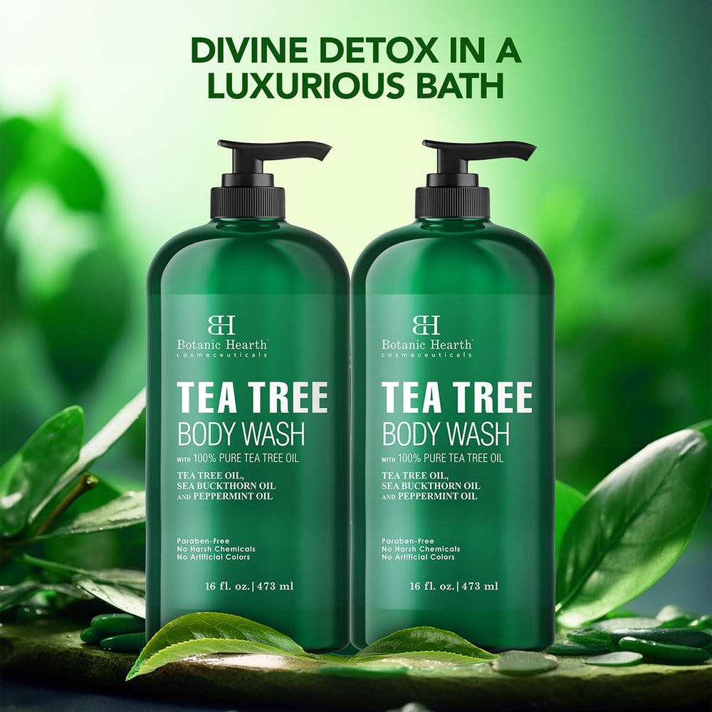 Botanic Hearth Tea Tree Body Wash on feet care routine showing gentle hydration