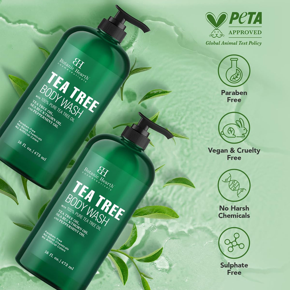 Botanic Hearth Tea Tree Body Wash label close-up emphasizes sulfate-free and paraben-free formula