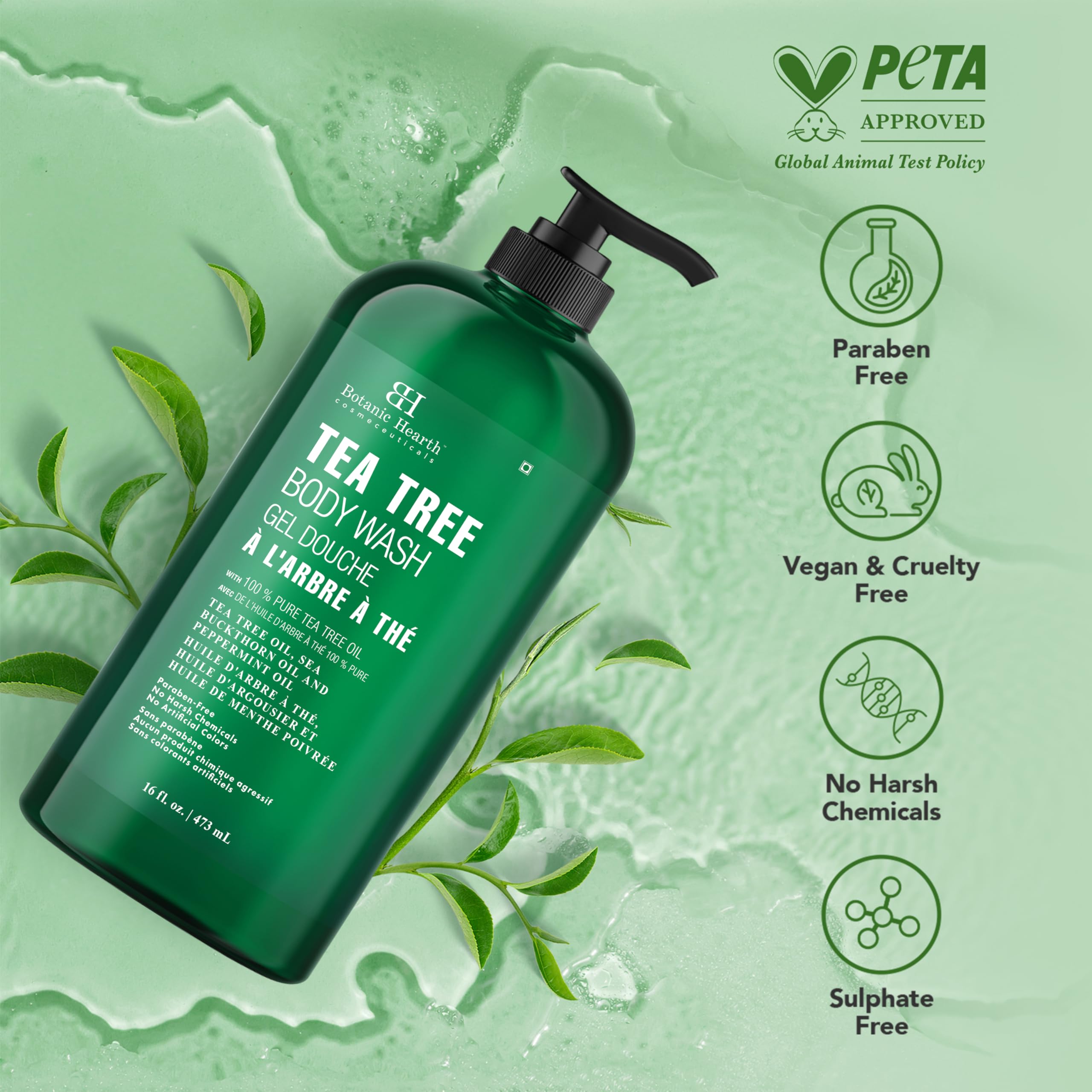 Botanic Hearth Tea Tree Body Wash lather close-up for soft, hydrated skin.
