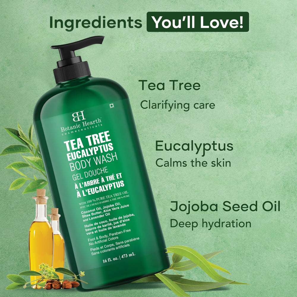 Botanic Hearth Tea Tree Body Wash shower scene suggests spa-like refreshment