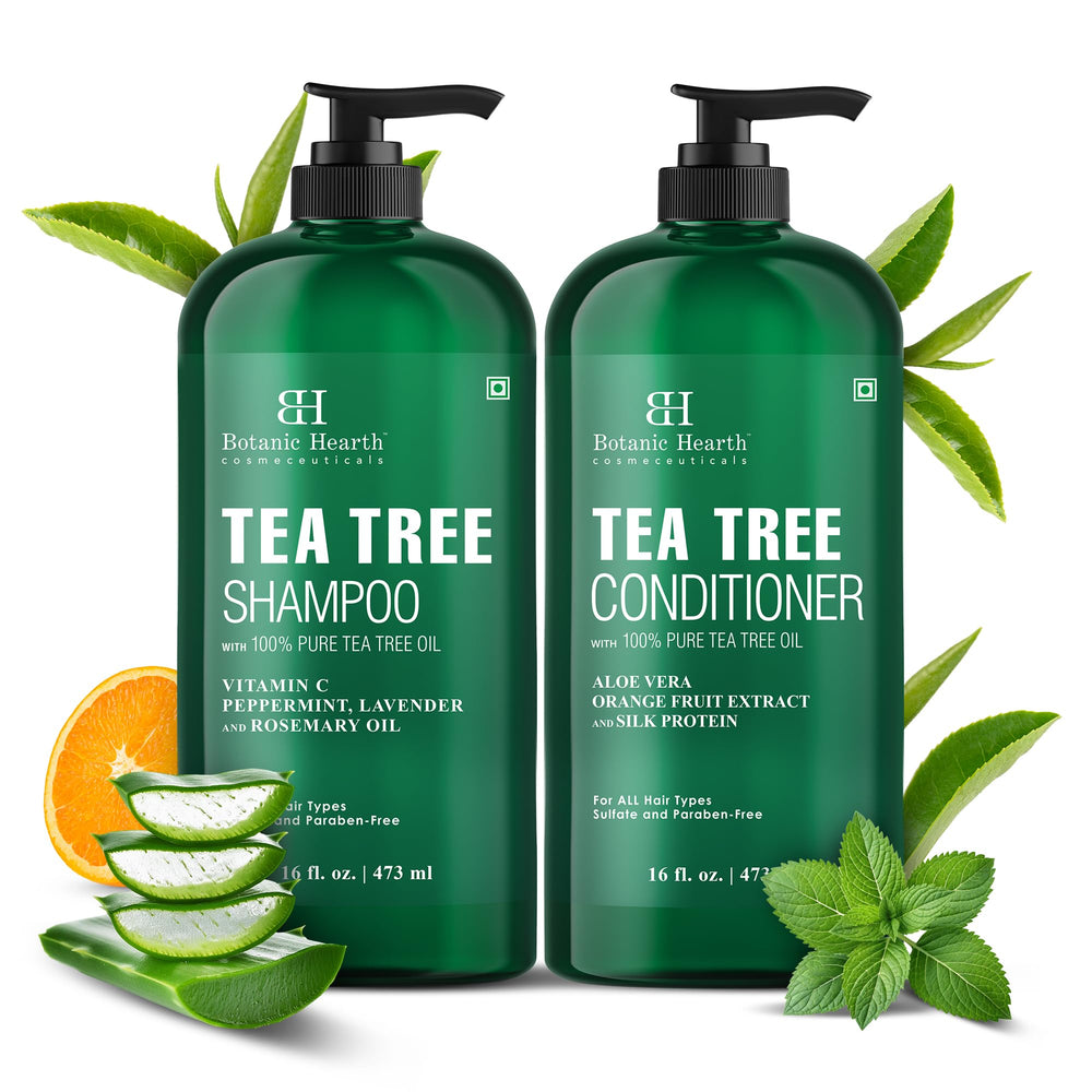 Botanic Hearth Tea Tree Conditioner bottle for nourished hair and detangling.
