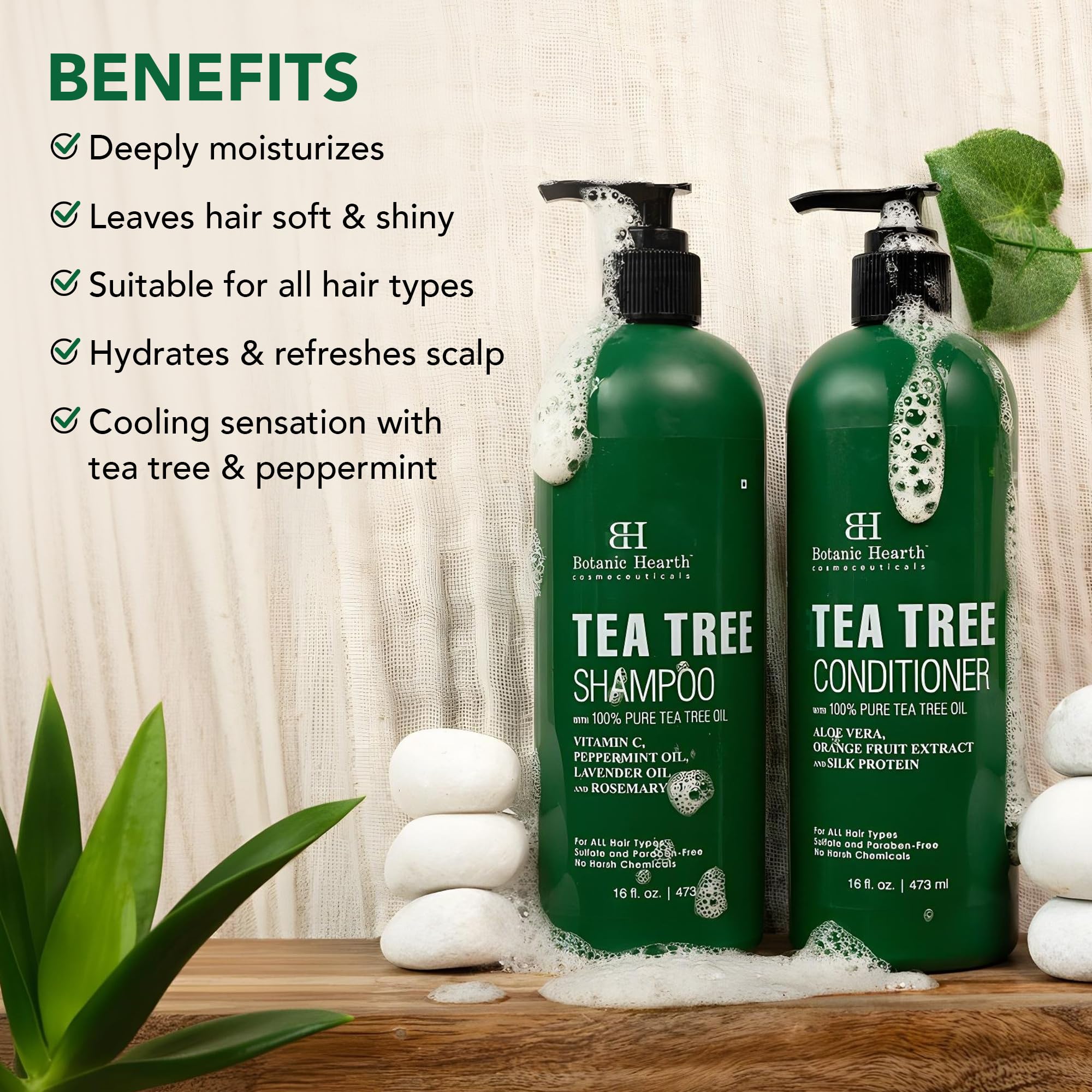 Botanic Hearth Tea Tree Conditioner dispenser highlighting easy, even application.