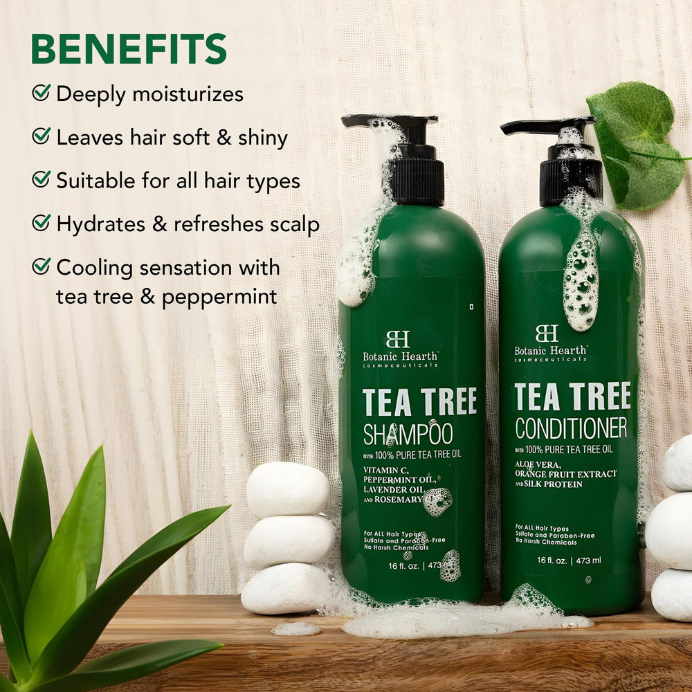 Botanic Hearth Tea Tree Conditioner dispenser highlighting easy, even application.