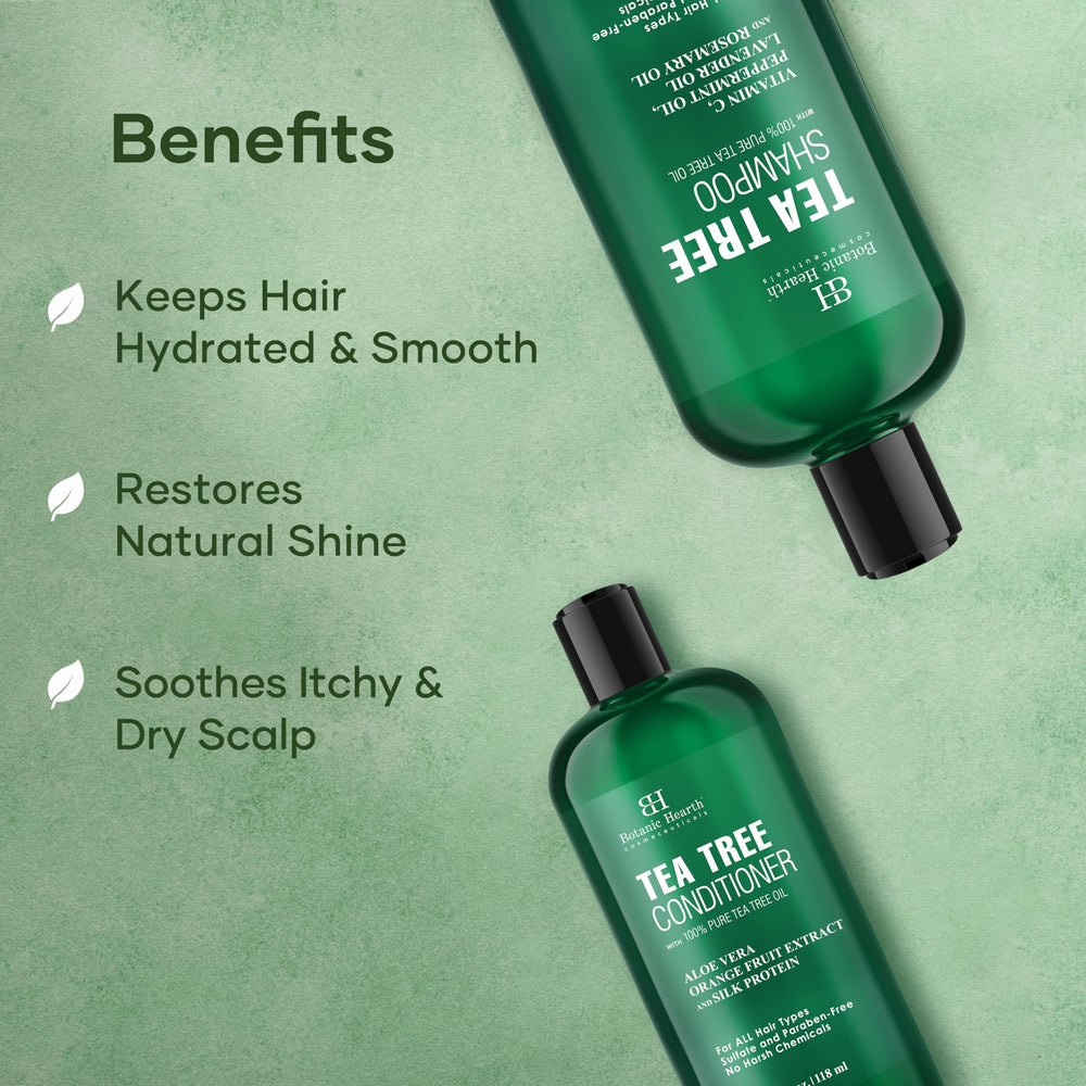 Botanic Hearth Tea Tree Conditioner tube highlighting hydration and smooth hair.