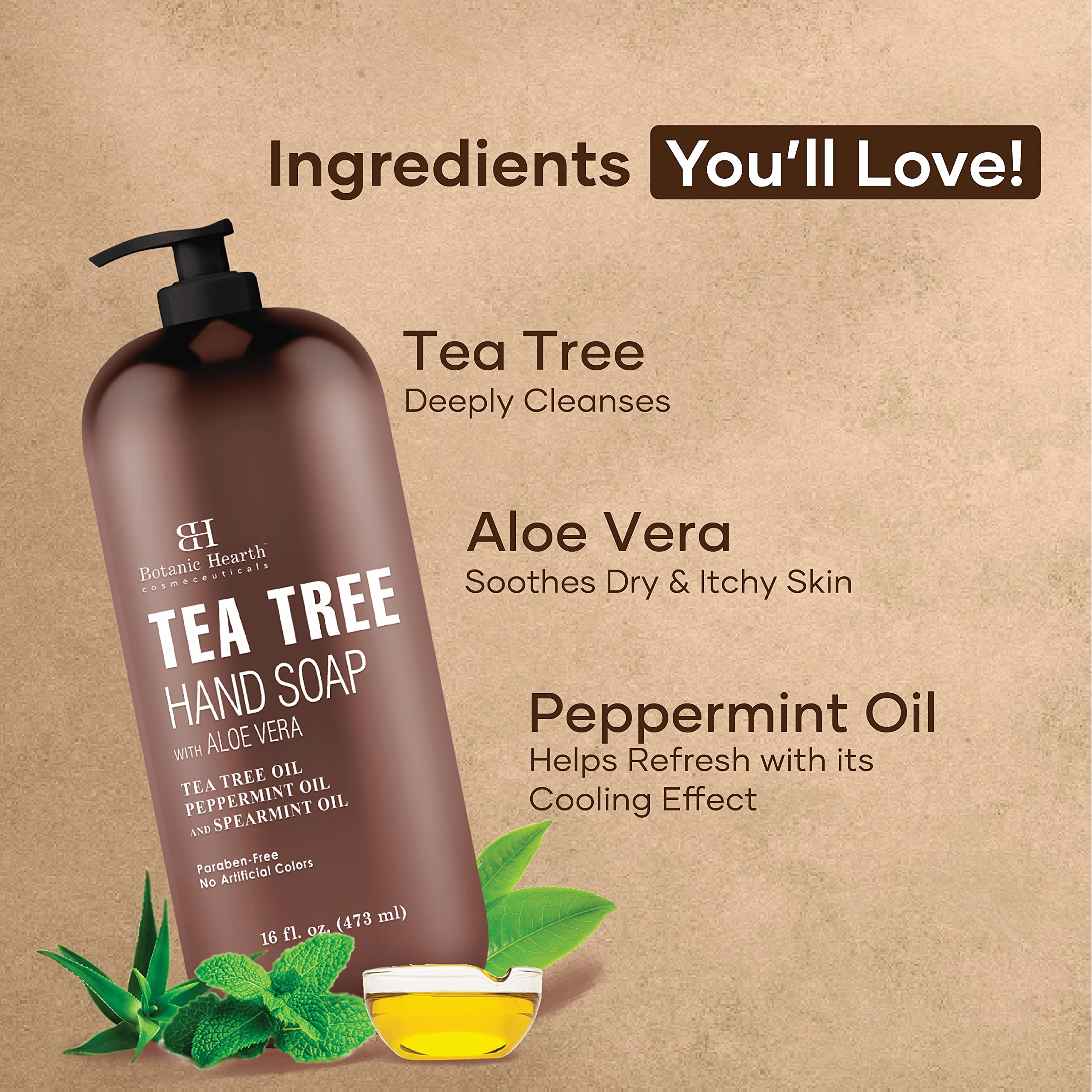 Botanic Hearth Tea Tree Hand Soap with aloe-vera moisturizes while cleansing.