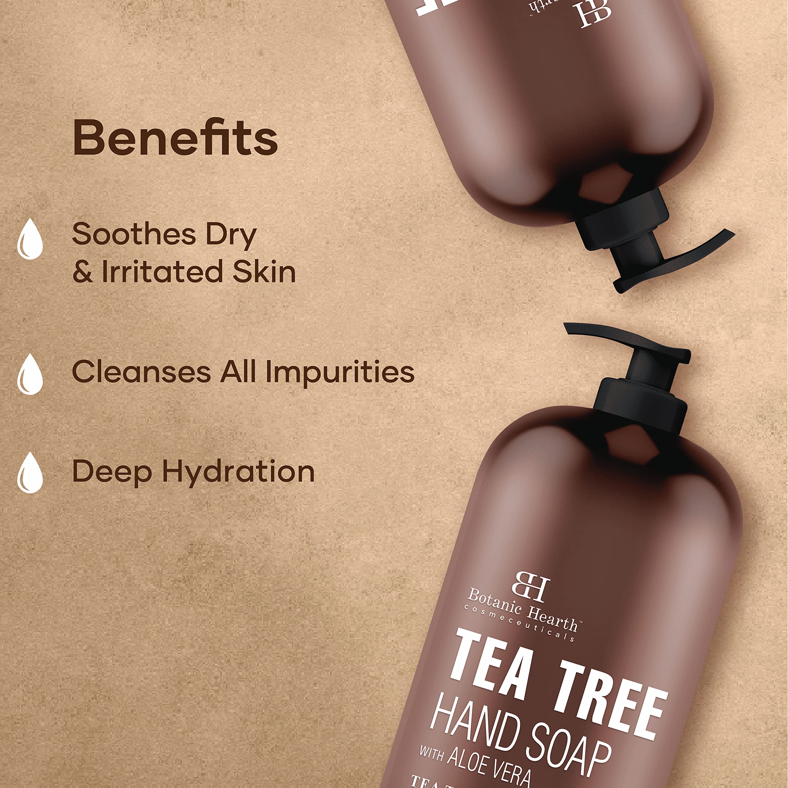 Botanic Hearth Tea Tree Hand Soap bottle emphasizes premium tea tree oil infusion.