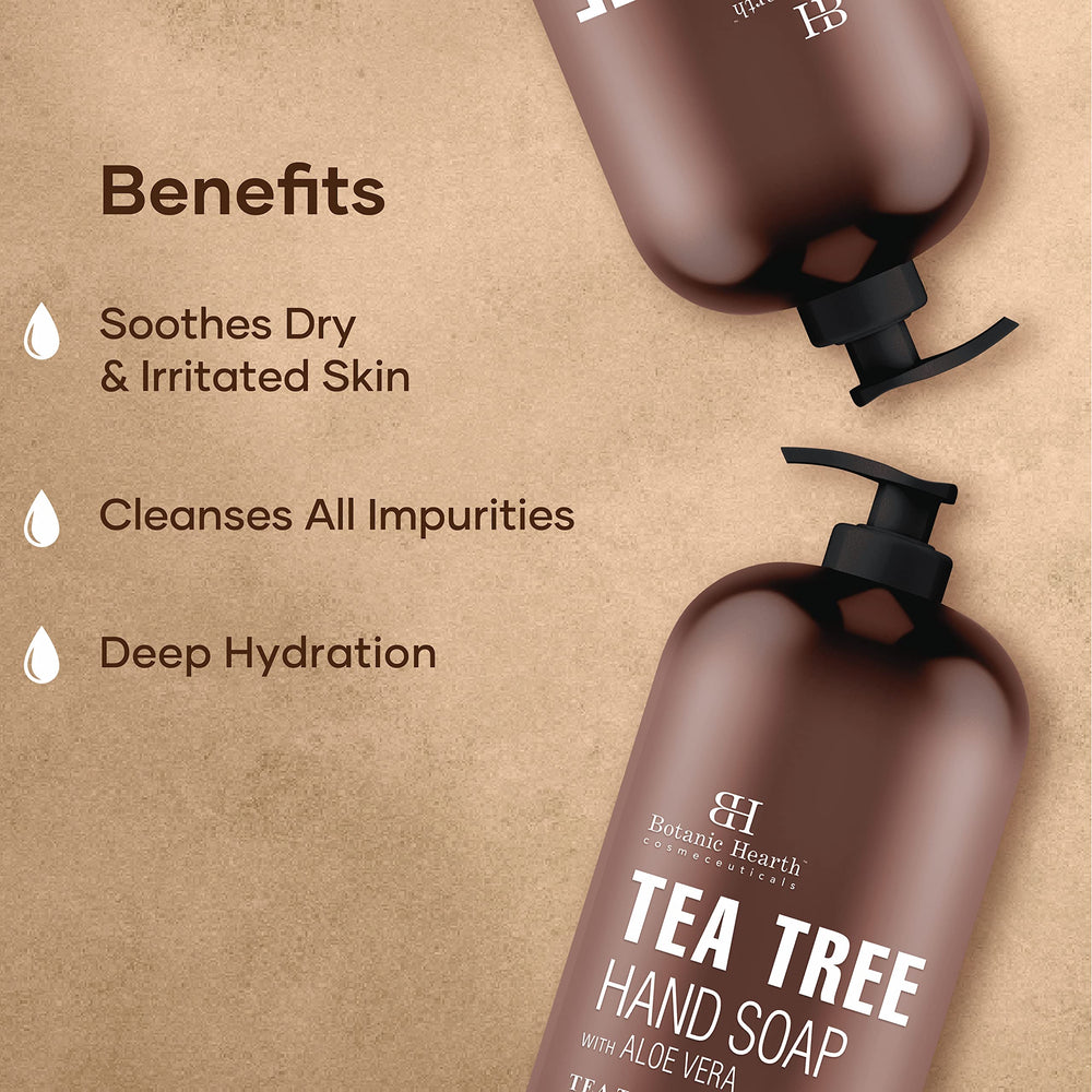 Botanic Hearth Tea Tree Hand Soap bottle emphasizes premium tea tree oil infusion.