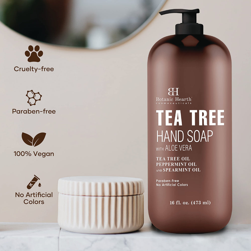 Botanic Hearth Tea Tree Hand Soap with aloe vera promotes softer skin after use.
