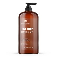 Botanic Hearth Tea Tree Hand Soap pump dispenser delivers refreshing cleansing with aloe hydration.