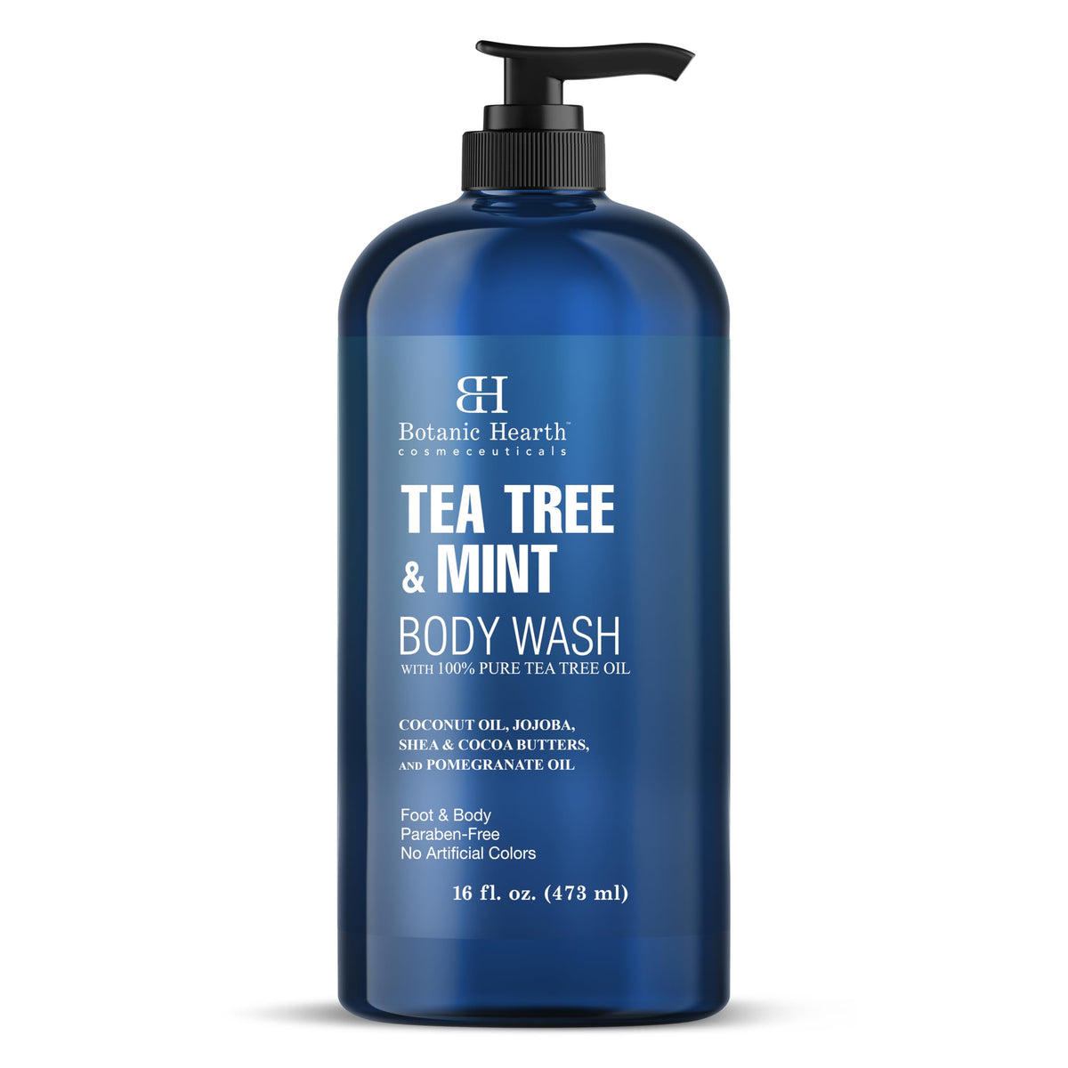 Botanic Hearth Tea Tree Oil Body Wash bottle hero shows refreshing cleanse for dry skin.