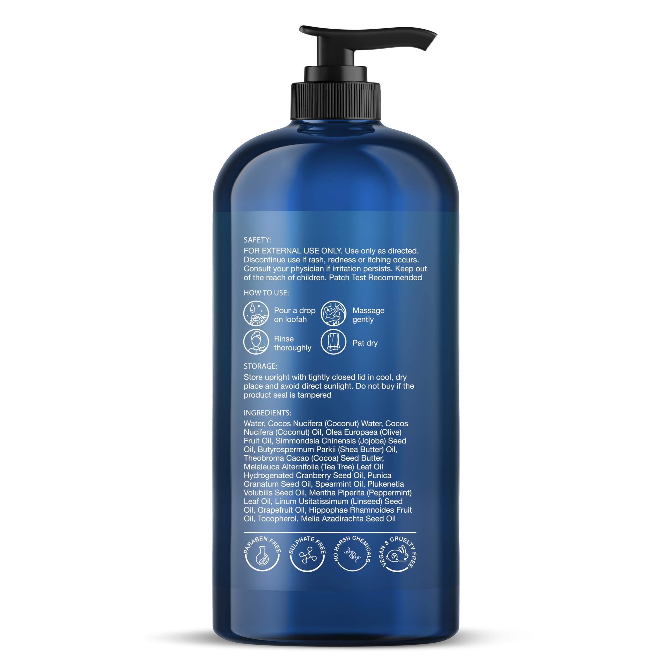 Botanic Hearth Tea Tree Oil Body Wash coconut oil care shows deep moisture for soft, smooth skin.