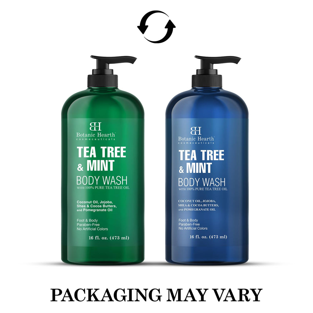Botanic Hearth Tea Tree Oil Body Wash mint splash highlights cooling mint sensation for refreshed skin.
