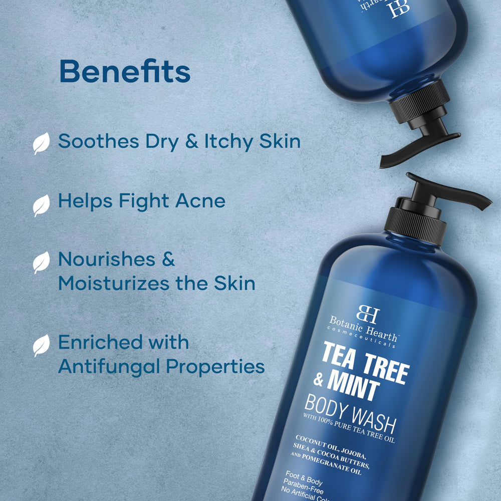 Botanic Hearth Tea Tree Oil Body Wash pores close-up hints clearer-feeling skin.