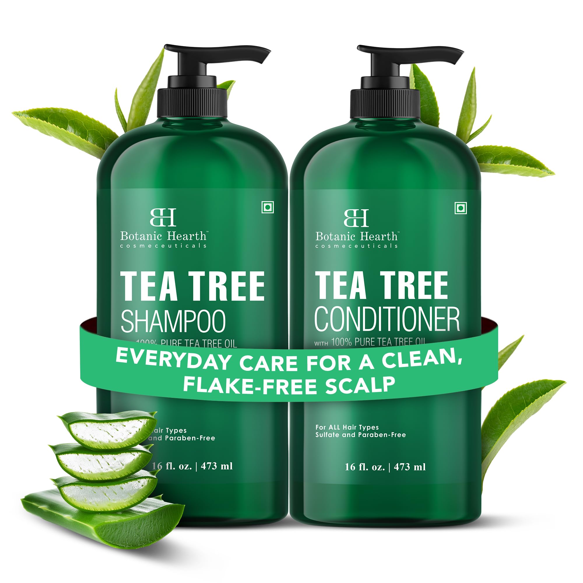 Botanic Hearth Tea Tree Shampoo bottle for refreshing scalp care.