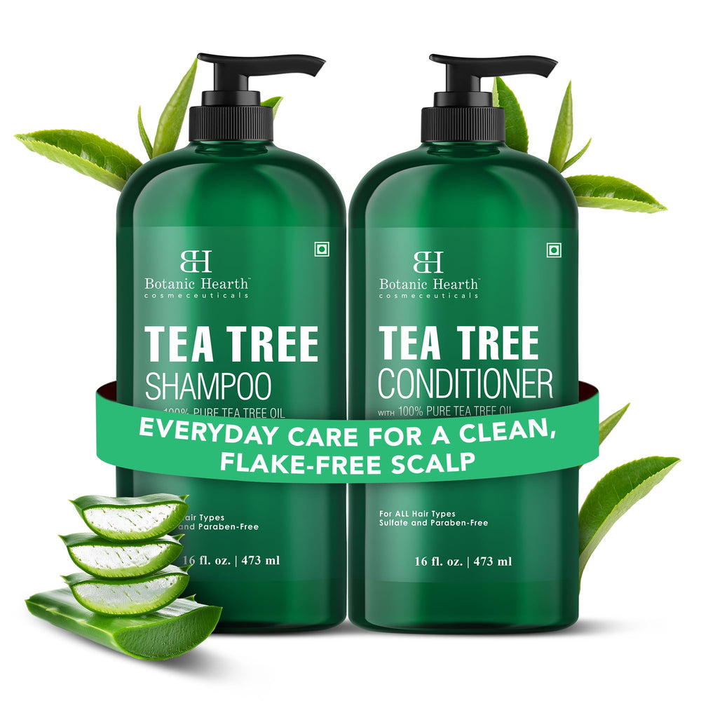 Botanic Hearth Tea Tree Shampoo bottle for refreshing scalp care.