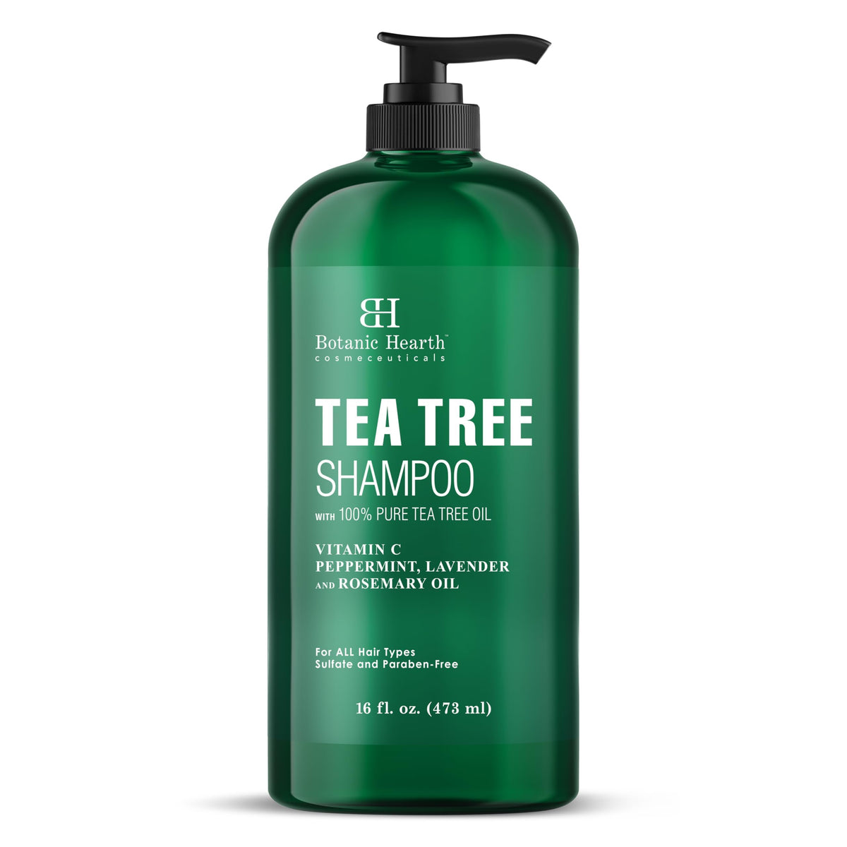 Botanic Hearth Tea Tree Shampoo bottle offers a refreshing cleanse for a soothed scalp.