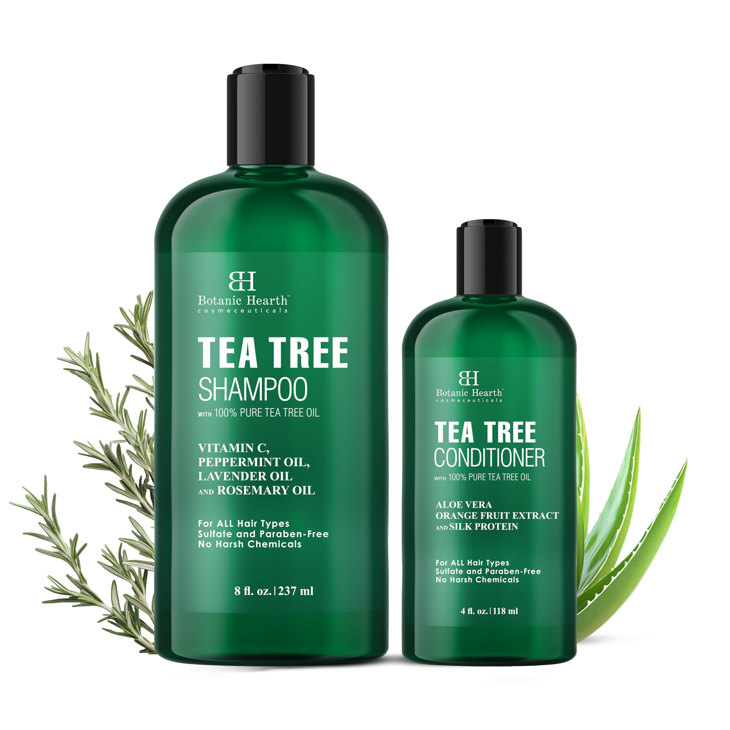 Botanic Hearth Tea Tree Shampoo bottle showcasing soothing scalp care.