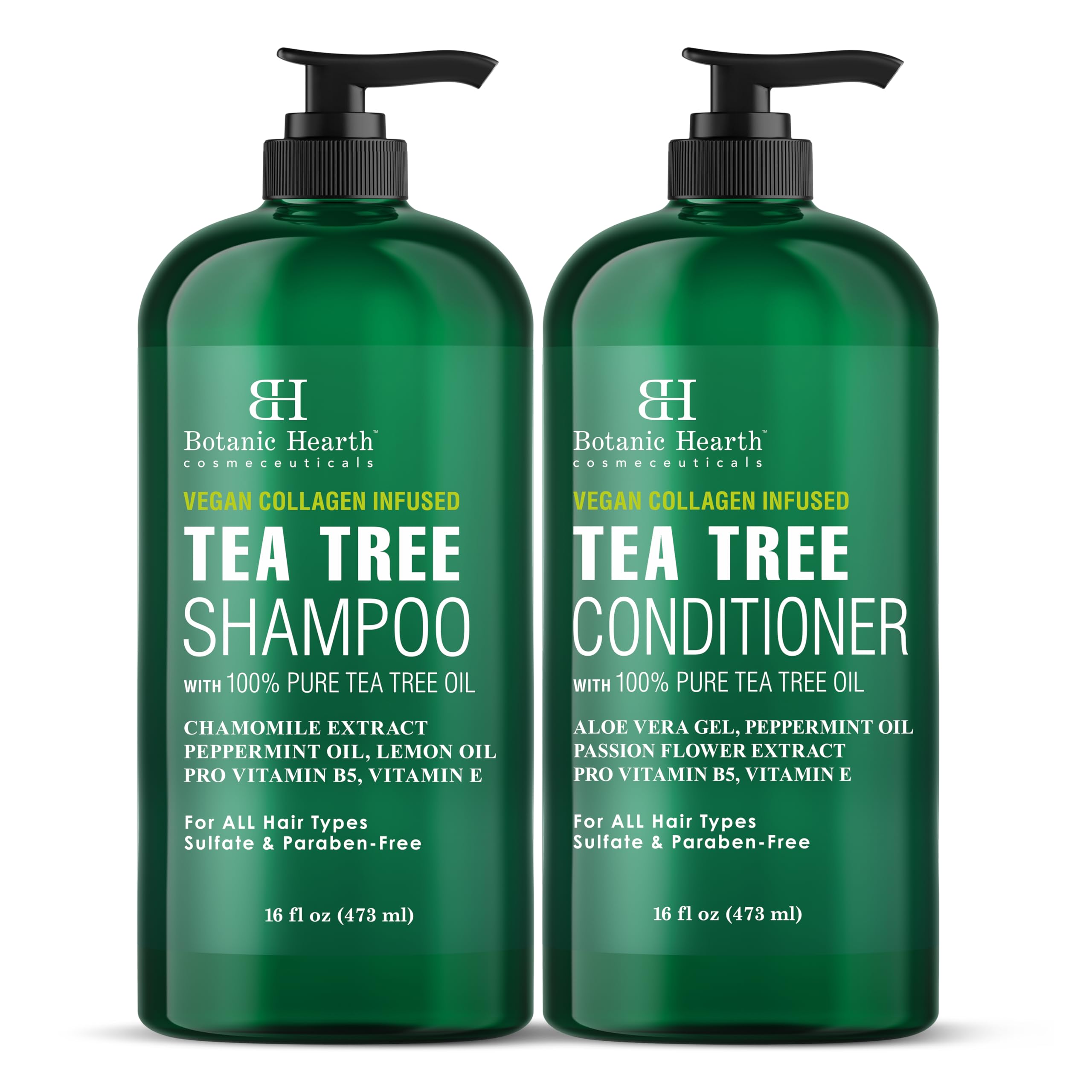 Botanic Hearth Tea Tree Shampoo bottle promotes a refreshing scalp cleanse.