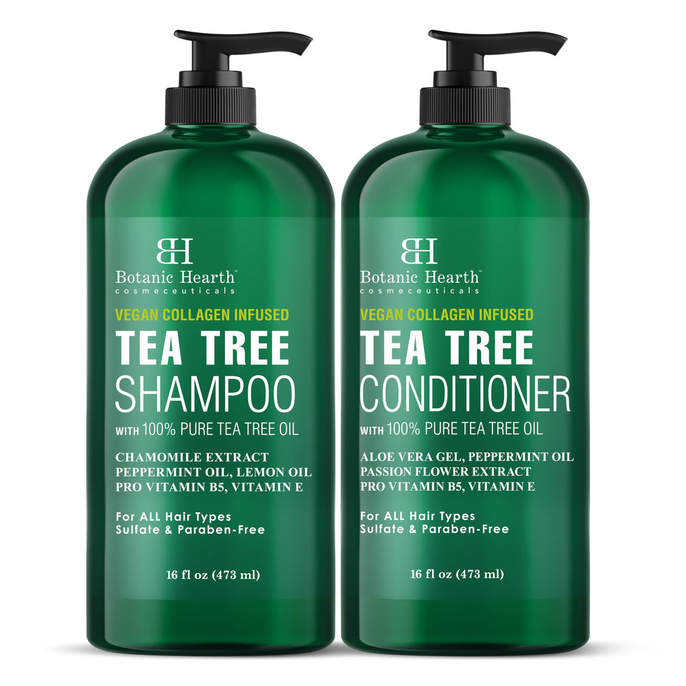 Botanic Hearth Tea Tree Shampoo bottle promotes a refreshing scalp cleanse.