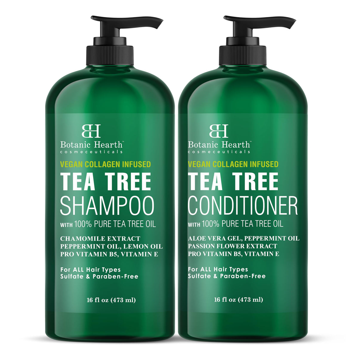 Botanic Hearth Tea Tree Shampoo bottle promotes a refreshing scalp cleanse.