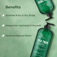 Botanic Hearth Tea Tree Shampoo close-up on scalp suggests dandruff control and hydration.