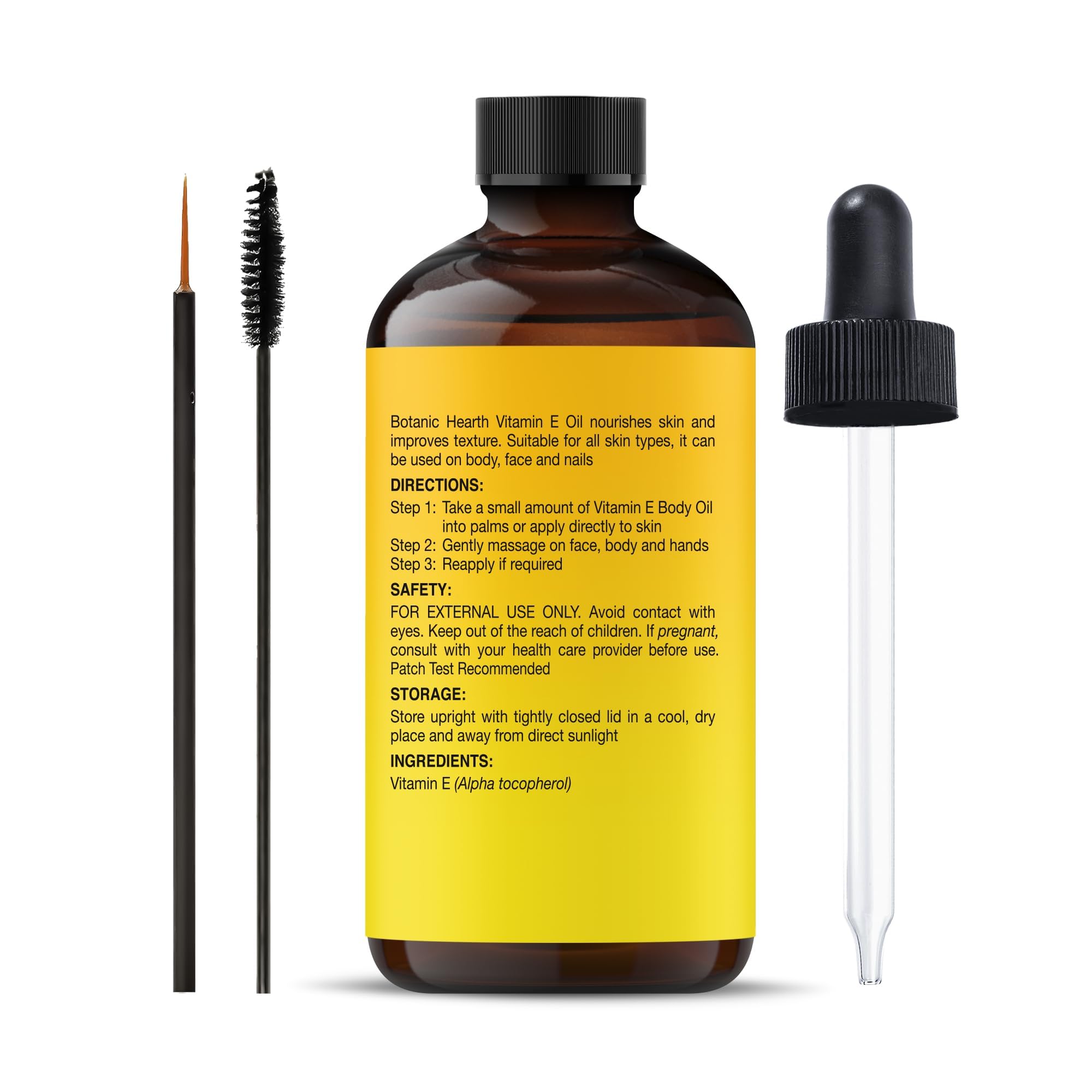 Label closeup of Botanic Hearth Vitamin E Oil emphasizing purity