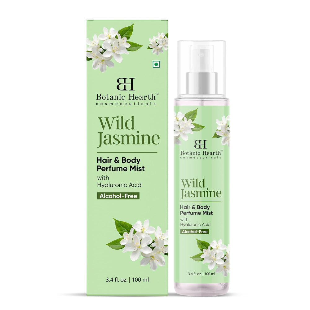 Botanic Hearth Wild Jasmine hair perfume bottle rests on vanity for long lasting fragrance