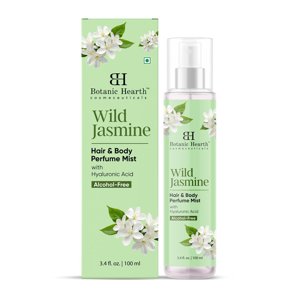 Botanic Hearth Wild Jasmine hair perfume bottle rests on vanity for long lasting fragrance