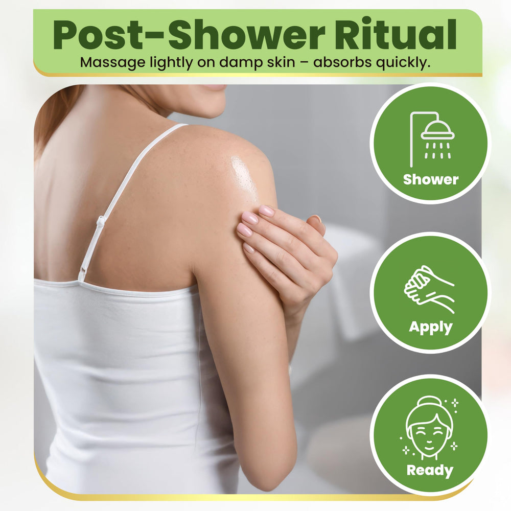 Botanic Rain Ayurveda Body Oil applied on arm demonstrates evening routine for smoother skin.