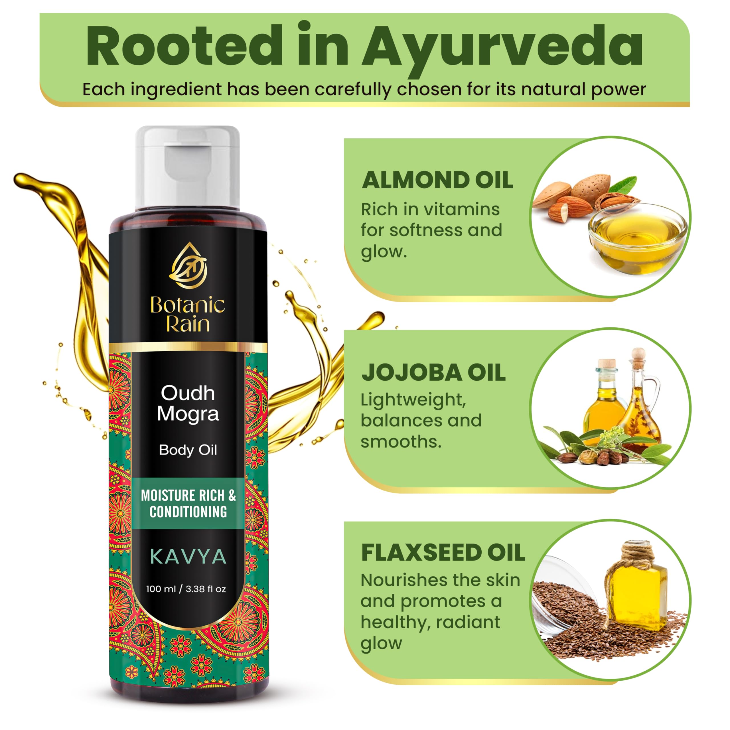 Botanic Rain Ayurveda Body Oil ingredients display sesame and almond oils nourishing skin.
