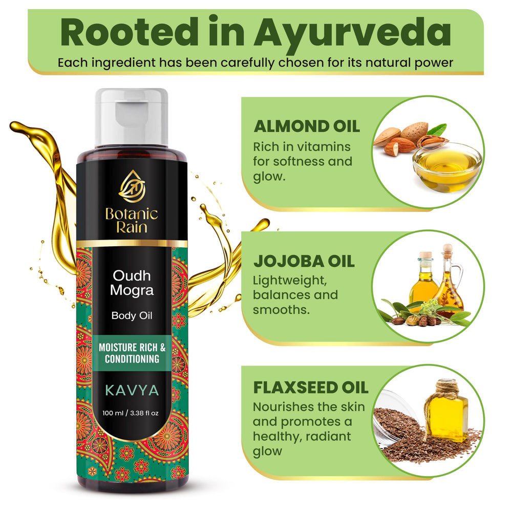 Botanic Rain Ayurveda Body Oil ingredients display sesame and almond oils nourishing skin.