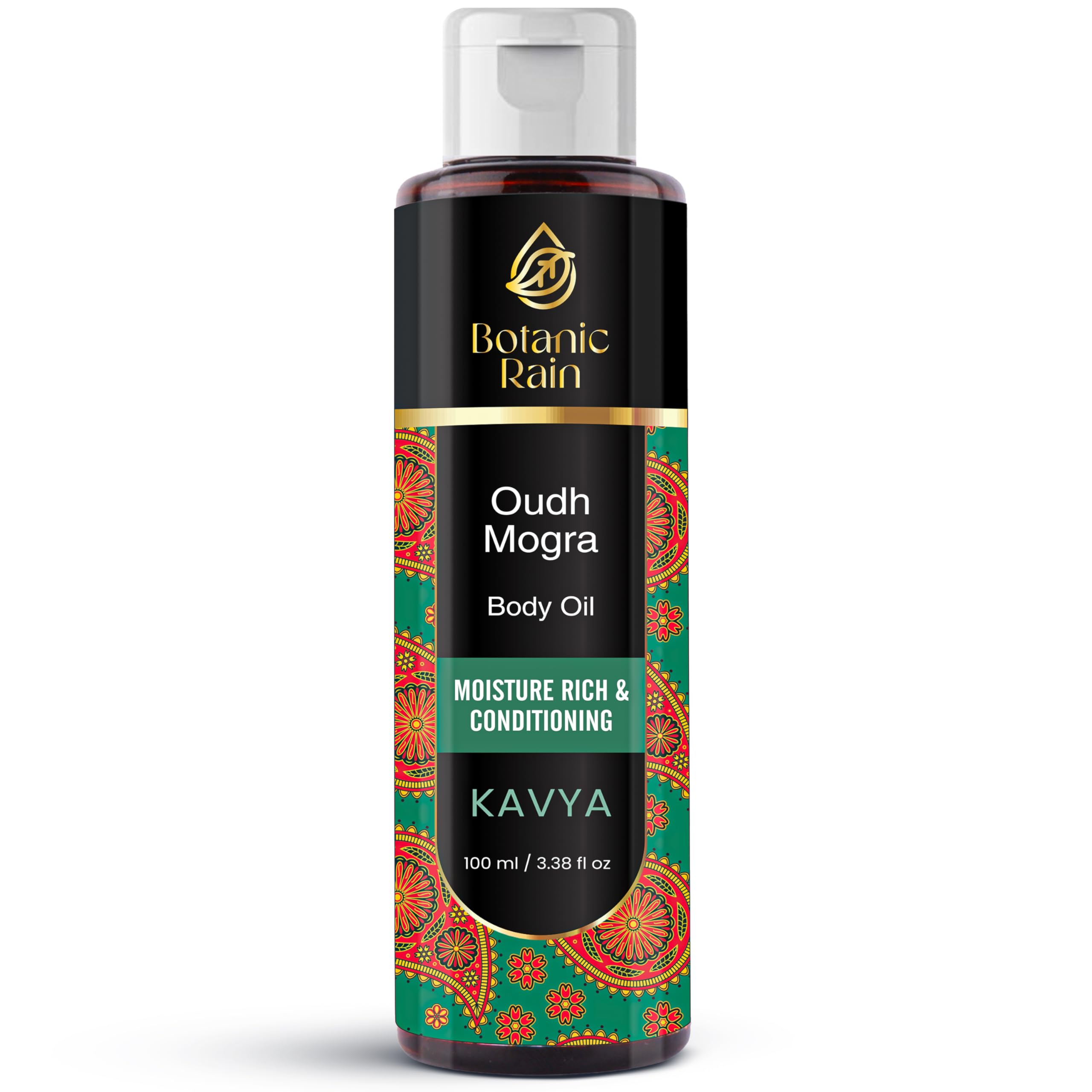 Botanic Rain Ayurveda Body Oil packaging shows 3.38 oz bottle for home or travel.