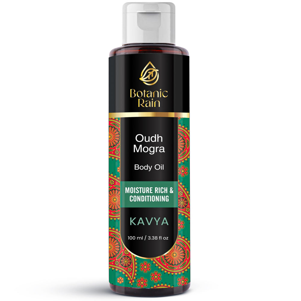 Botanic Rain Ayurveda Body Oil packaging shows 3.38 oz bottle for home or travel.