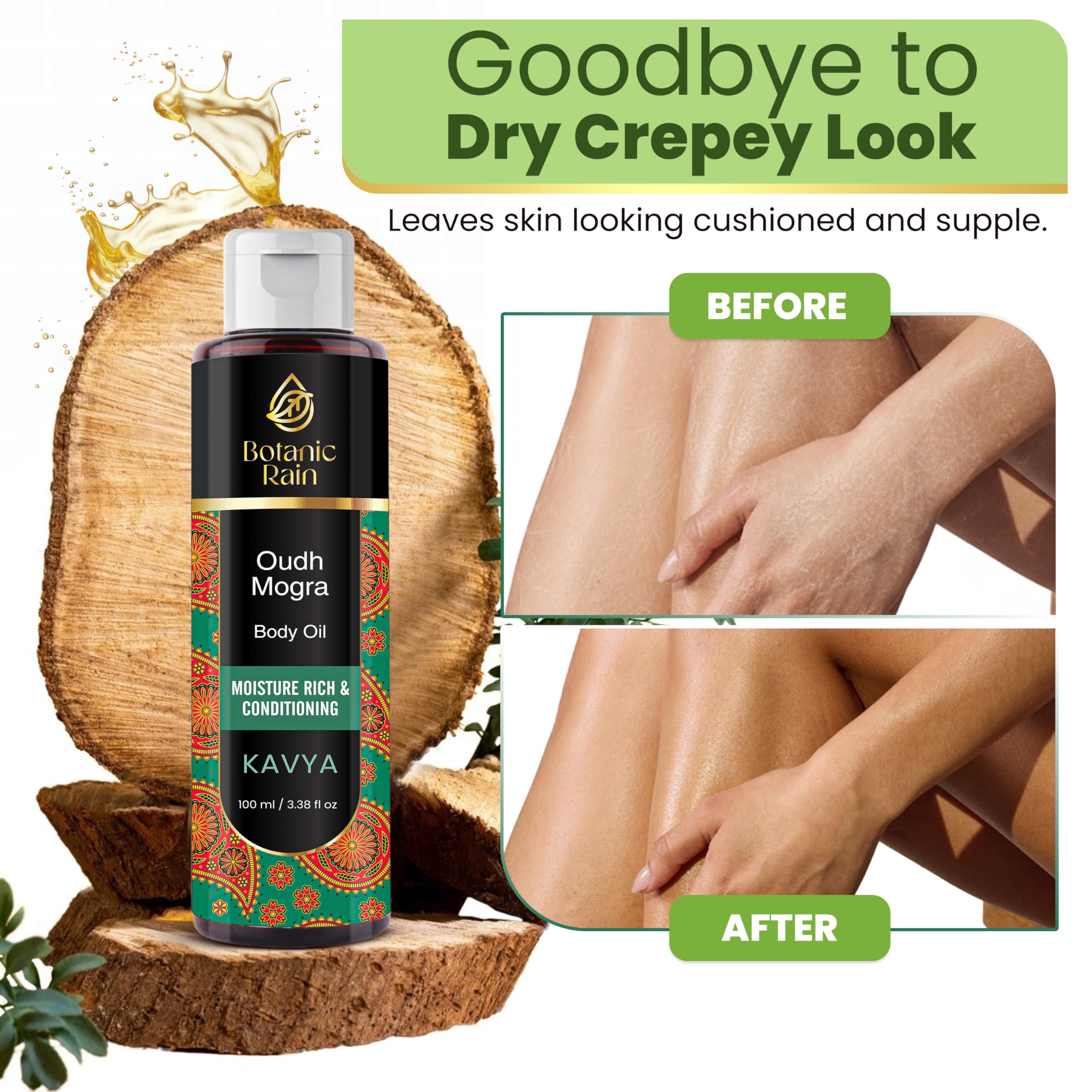 Botanic Rain Ayurveda Body Oil texture close-up suggests silky, non-greasy feel.