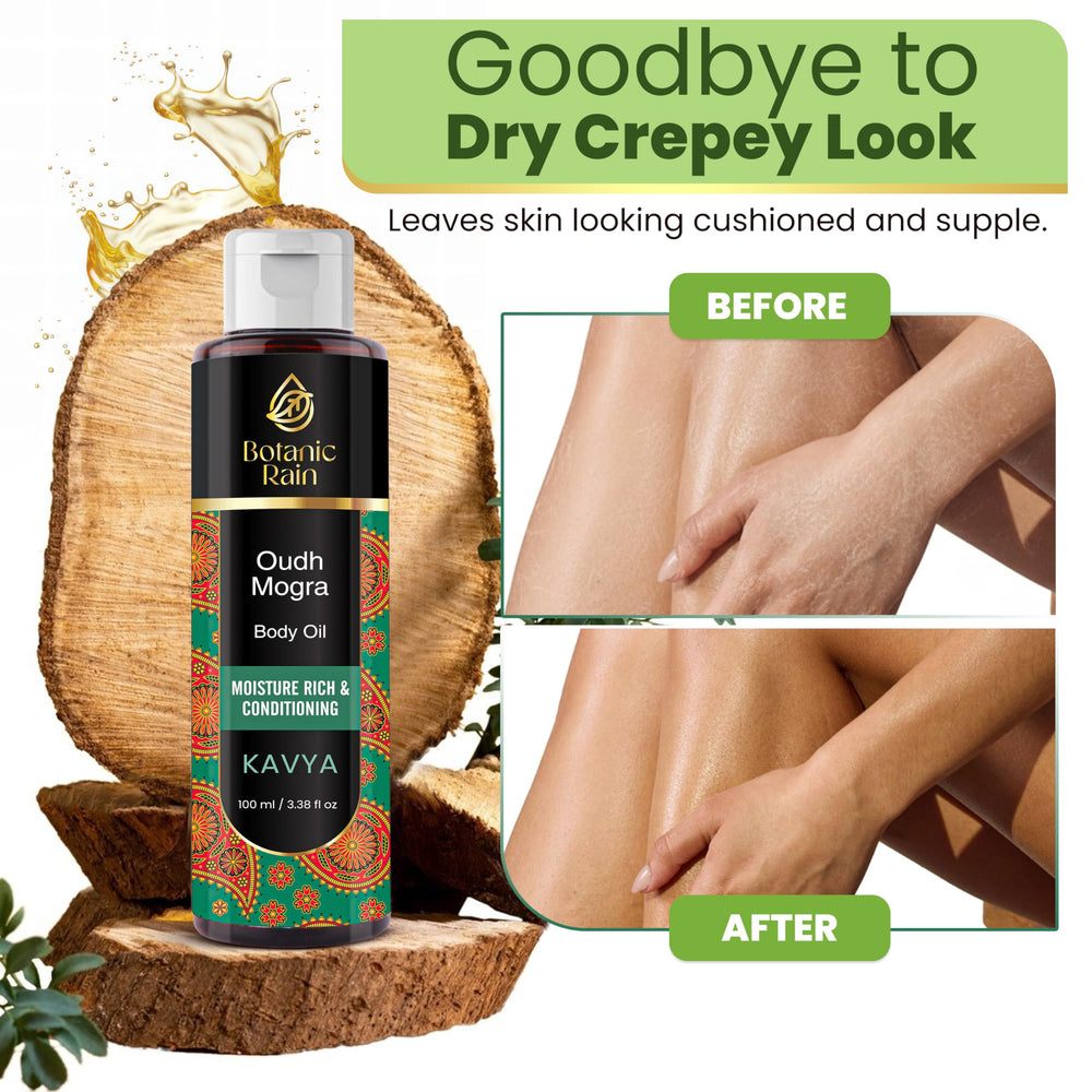 Botanic Rain Ayurveda Body Oil texture close-up suggests silky, non-greasy feel.