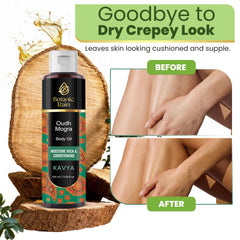 Botanic Rain Ayurveda Body Oil texture close-up suggests silky, non-greasy feel.