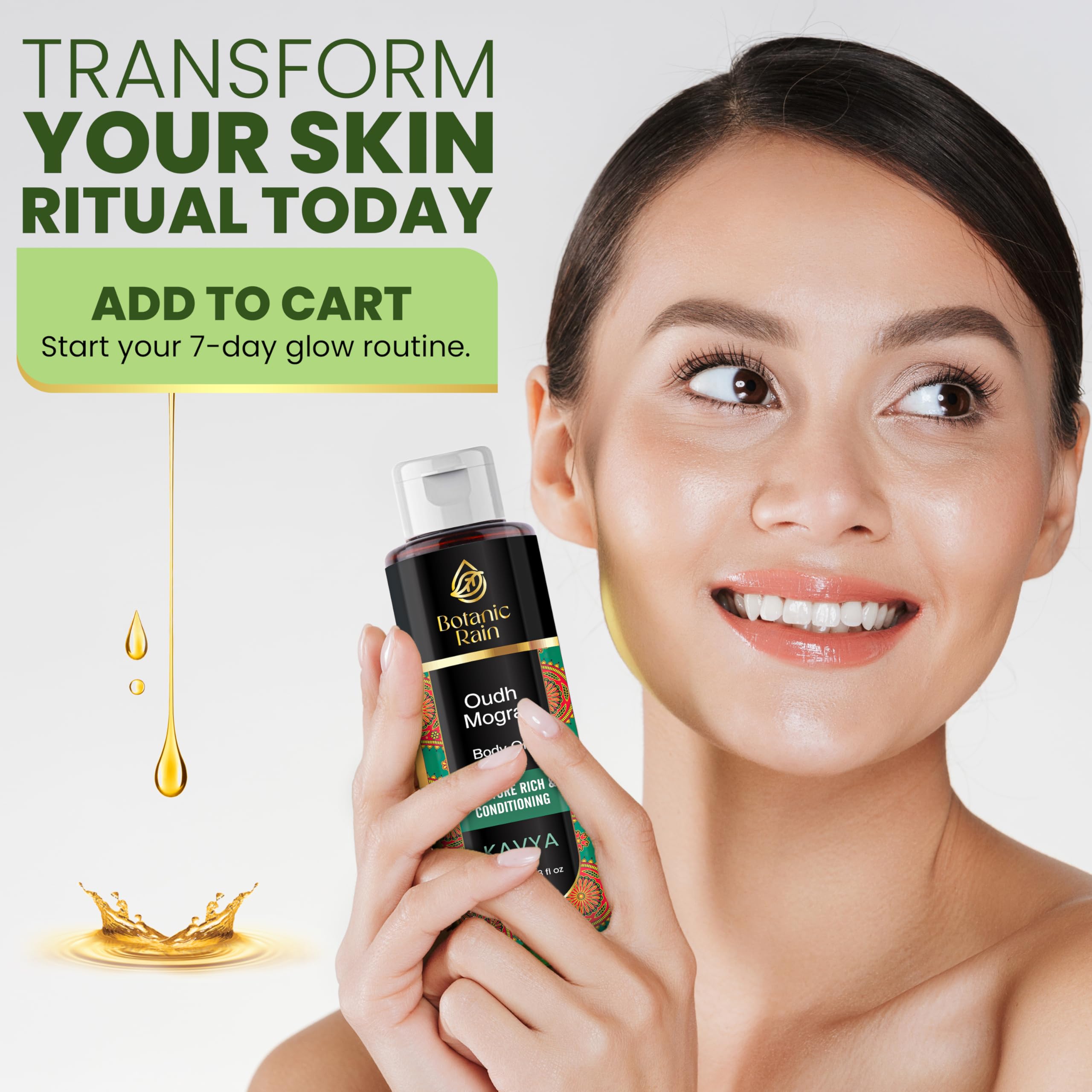 Botanic Rain Ayurveda Body Oil vegan cruelty-free badge signals ethical skincare.