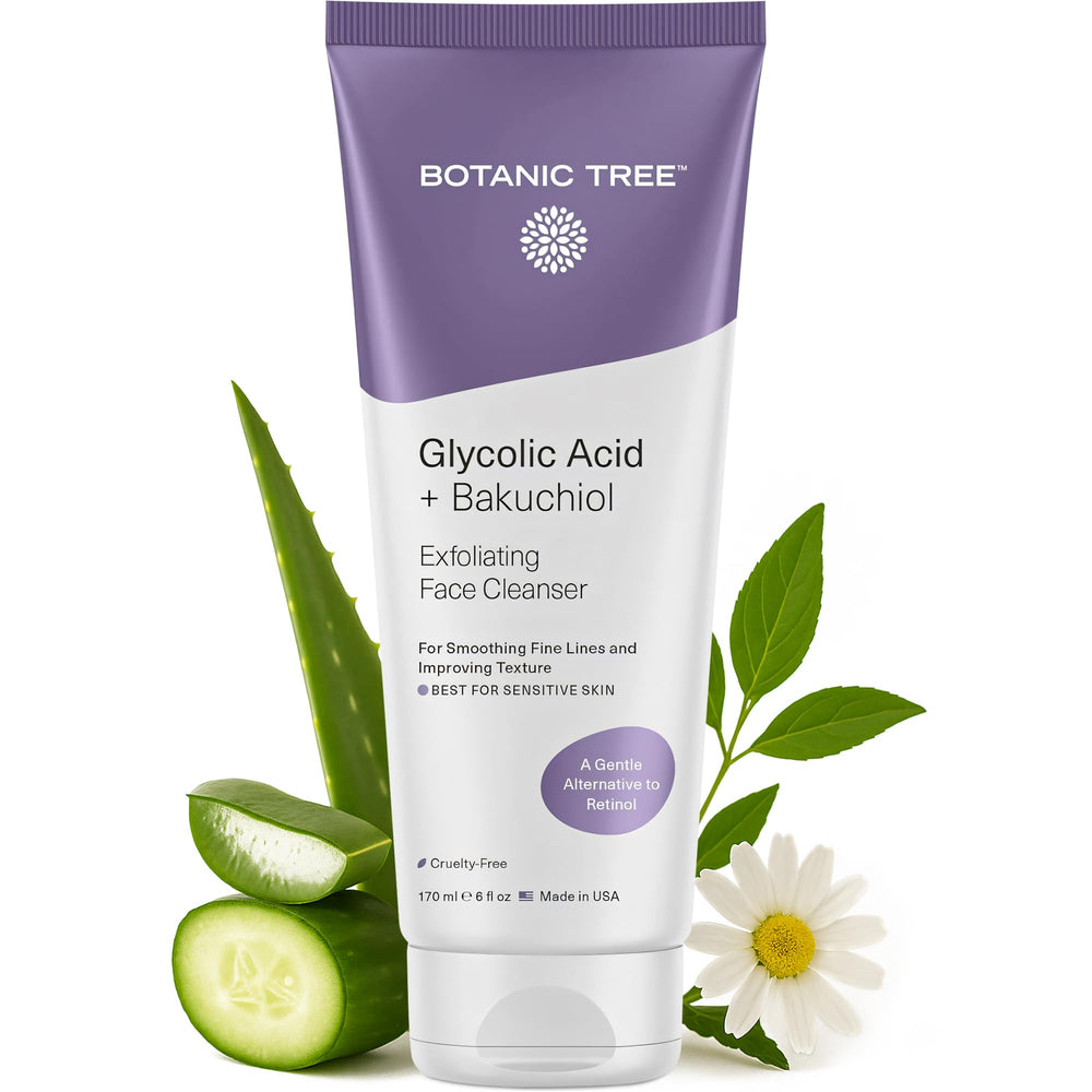 Botanic Tree Bakuchiol Glycolic Face Wash packaging showing gentle exfoliation for sensitive skin