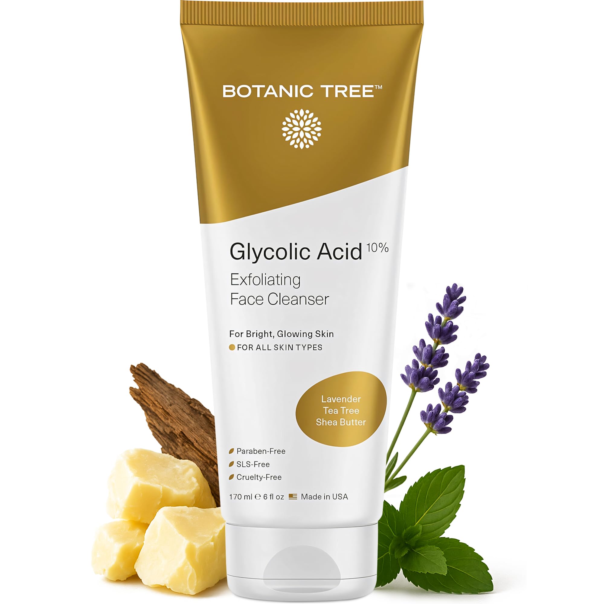 Botanic Tree Glycolic Face Wash bottle highlights 10% acids for exfoliation.
