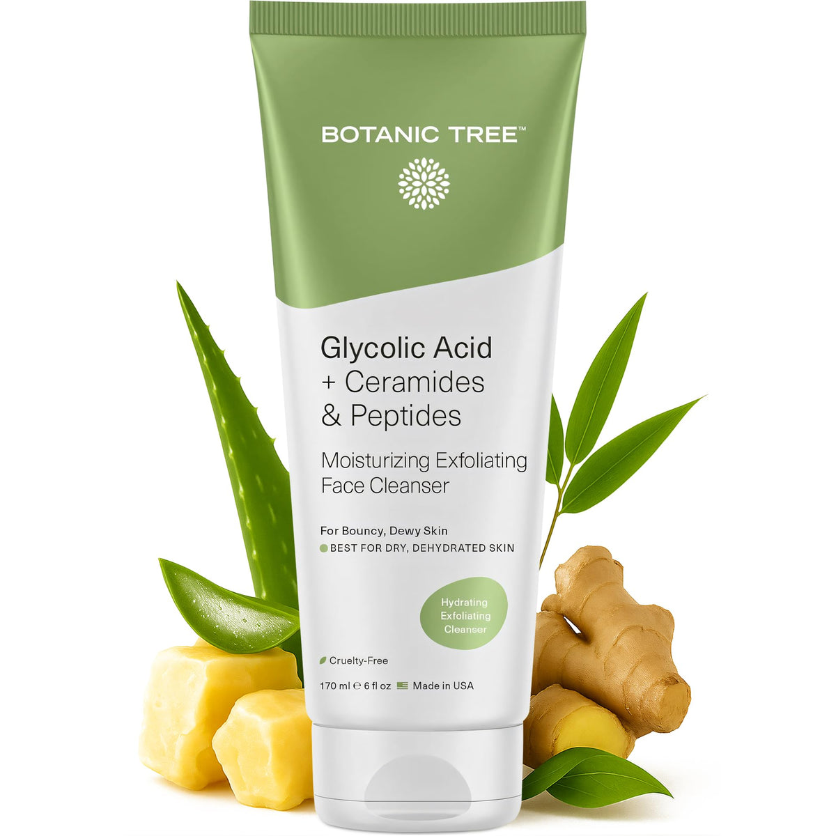 Botanic Tree Hydrating Glycolic Cleanser bottle front for daily exfoliation and smoother skin.